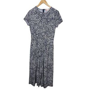 Jude Connally Paisley Cropped Wide Leg Jumpsuit Pockets Navy Blue Womens Sz S